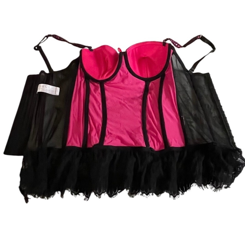 Baci Pink Black Floral Lace Corset Top Underwire Ruffle Hem BLW6016-PNK Womens L - Picture 4 of 7